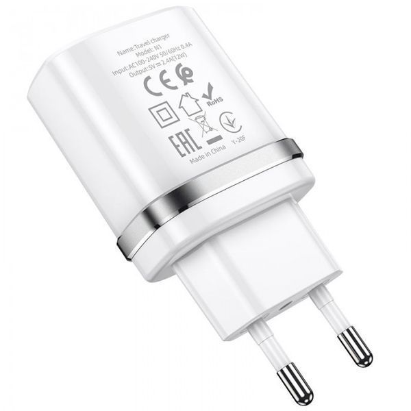 Зарядний пристрій 220 В 2 USB з кабелем 2.4 A USB &mdash; Micro USB Hoco N1 Speedy Білий 49954 фото